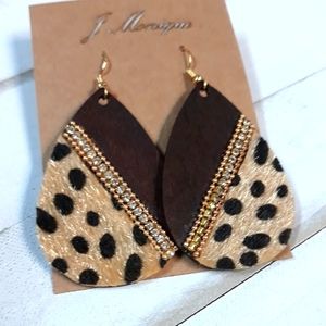 Brown Wood Earrings w/ Cheetah Print Detail